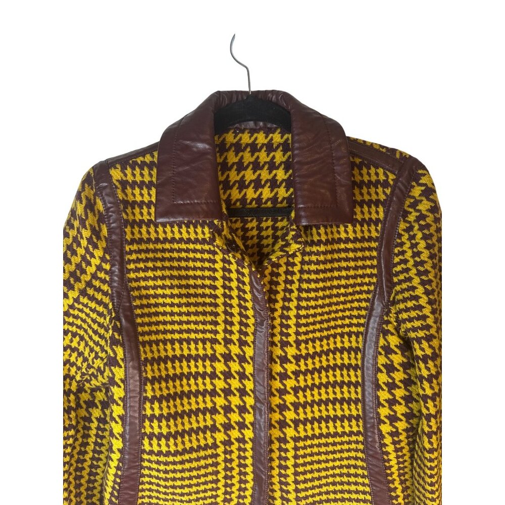 VTG PHILOSOPHY DI Wool Houndstooth Vintage Yellow & Brown Wool Jacket Faux Trim - Picture 4 of 11